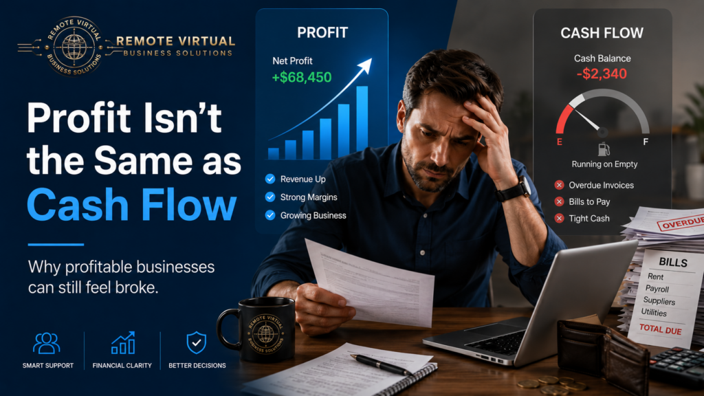 A stressed small business owner reviewing bills and reports showing the difference between profit and cash flow