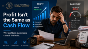 A stressed small business owner reviewing bills and reports showing the difference between profit and cash flow